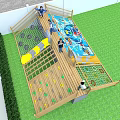 Kindergarten Outdoor Playground with Wooden Fence Green Lawn Colorful Slide Climbing Net and Kids Adults
