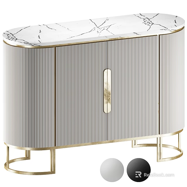 Luxury Console Side Cabinet With Marble Top Golden Frame Striped Doors 3d model 