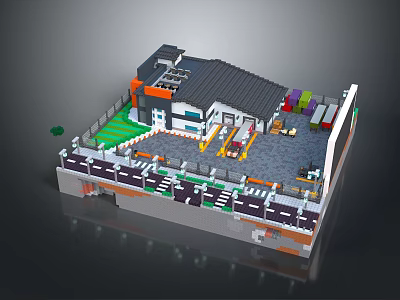 Block Style Multilayer Building Design With Colorful Sections Green Lawn And Garage 3d model