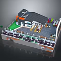 Block Style Multilayer Building Design With Colorful Sections Green Lawn And Garage
