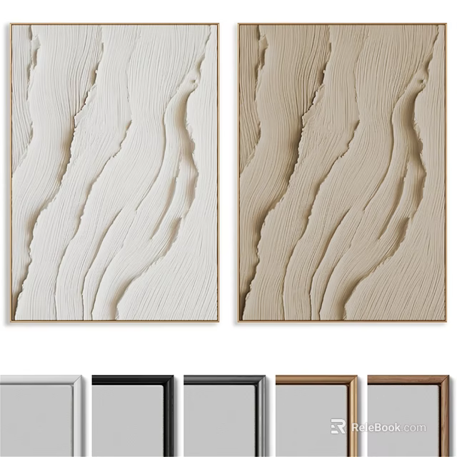 Textured Framed Wall Art With Wavy Design In White And Beige With Multiple Frame Colors 3d model 