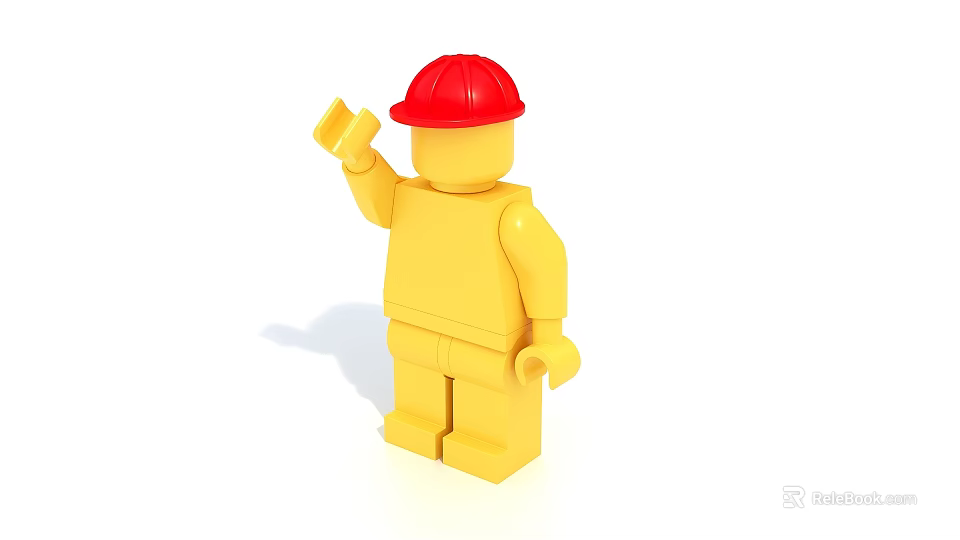 Yellow Building Block Figure Wearing Red Hard Hat Holding a Block 3d model 