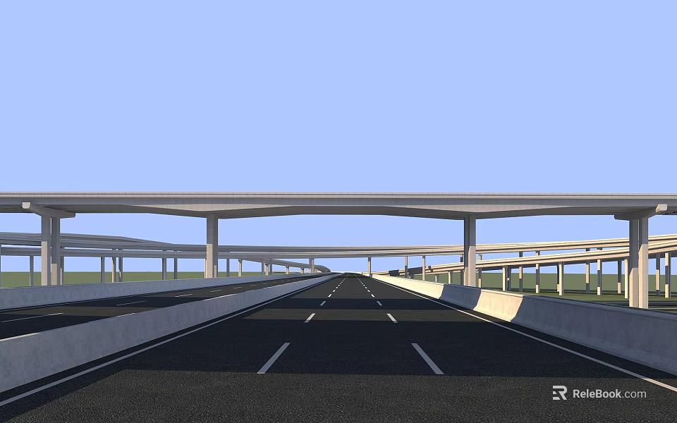 Modern Road Infrastructure With Wide Highway Multiple Lanes Overpass And Side Guardrails 3d model 