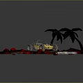 Yellow Off Road Vehicle Game Character Driving On Red Gray Terrain With Palm Trees