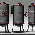 Industrial Equipment Three Cylindrical Tanks With Red Wheels Gray Body And Metal Stands