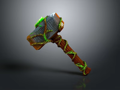 Enchanted Hammer with Wooden Handle Green Rope Carved Patterns And Glowing Gem 3d model