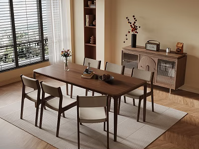 Modern Dining Room With Wooden Table Chairs Window Blinds And Cabinet Decorations 3d model