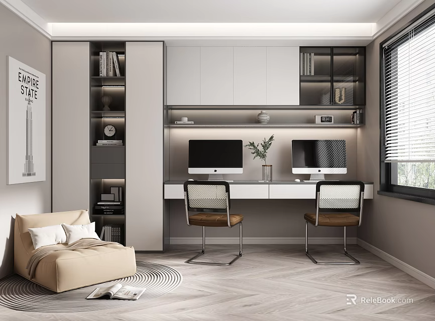 Modern Study Room Interior With Double Desks Computers Bookshelves And Sofa 3d model