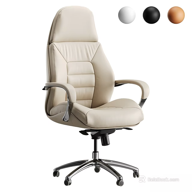 Modern Office Table And Chair Set With Beige Leather Chair Metal Base And Wheels 3d model 