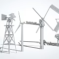 Various Windmill Architectural Components Featuring Metal Towers and Rotor Blades 3d model
