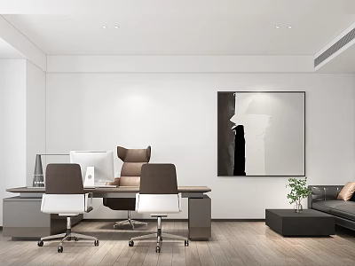 Modern Office Interior Design With Executive Desk Computer Chairs Abstract Art Sofa And Potted Plant 3d model