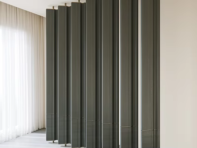 Gray Vertical Slat Room Divider With White Curtains Light Colored Walls And Gray Floor 3d model