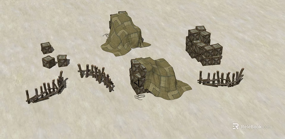 Rustic Field Camp Equipment With Canvas Tents Wooden Crates And Fences 3d model 