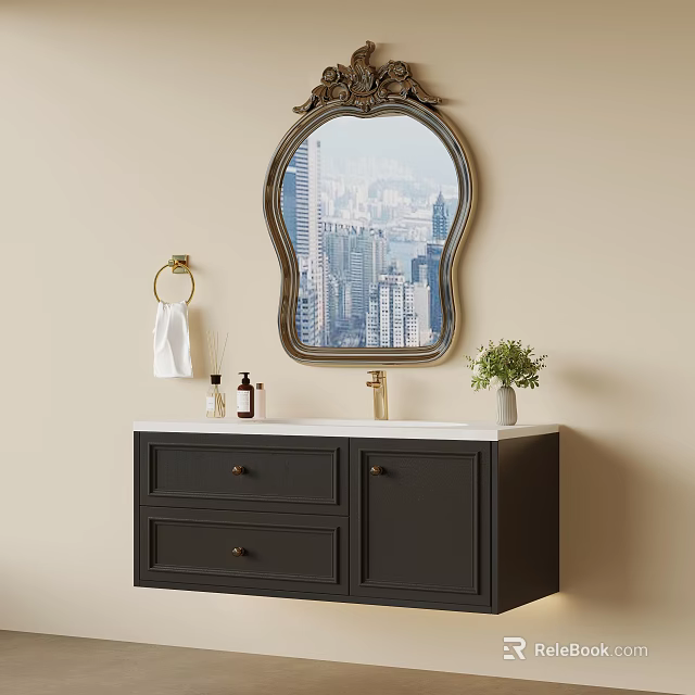 Black Bathroom Cabinet With Oval Decorative Mirror White Countertop And Cityscape Reflection 3d model 