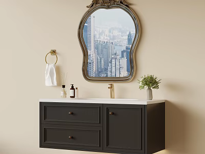 Black Bathroom Cabinet With Oval Decorative Mirror White Countertop And Cityscape Reflection 3d model