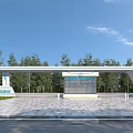 Modern Industrial Factory Building Entrance with White Roof Blue Accents Spacious Plaza and Green Trees