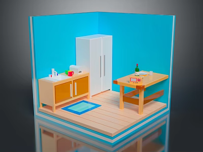 Cartoon Kitchen Scene Featuring Blue Walls Wooden Cabinet Refrigerator Sink Table And Mat 3d model