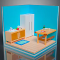 Cartoon Kitchen Scene Featuring Blue Walls Wooden Cabinet Refrigerator Sink Table And Mat