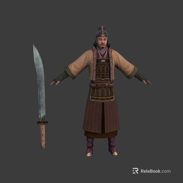 Traditional Ancient Male Warrior Character In Historical Costume With Large Sword 3d model