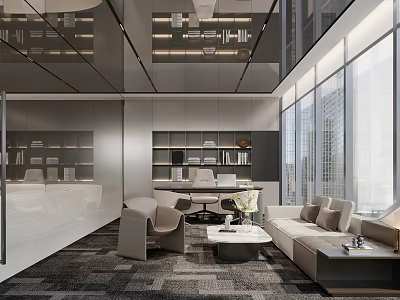 Modern Office Interior Design With Sofa Desk Chairs Large Windows Bookshelves And Green Plant 3d model