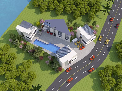 Elegant Detached Villa with Private Swimming Pool Lush Greenery and Waterfront Surroundings 3d model