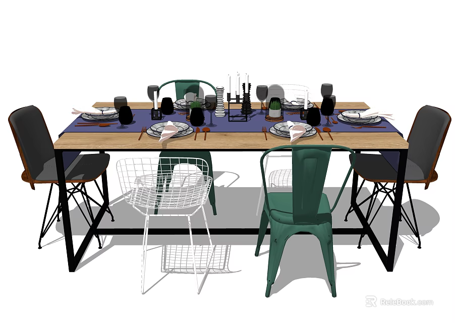 Dining Table Set with Metal Frame Various Style Chairs Tableware Candle Holders and Wine Glasses 3d model 