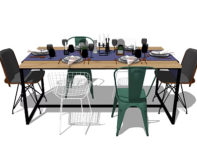 Dining Table Set with Metal Frame Various Style Chairs Tableware Candle Holders and Wine Glasses 3d model