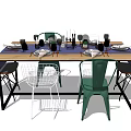 Dining Table Set with Metal Frame Various Style Chairs Tableware Candle Holders and Wine Glasses