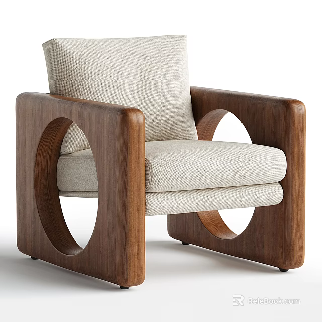Modern Armchair With Wooden Armrests Circular Cutout Design And Light Colored Fabric 3d model 