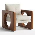 Modern Armchair With Wooden Armrests Circular Cutout Design And Light Colored Fabric