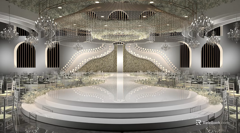 Elegant Luxurious Banquet Hall Interior Design With Crystal Chandeliers Stage Flower Decorations And Seating 3d model 