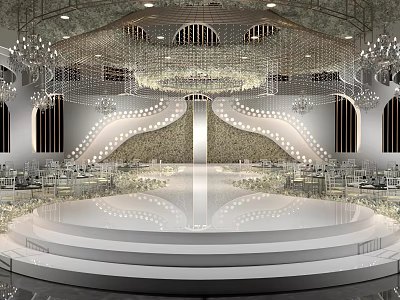 Elegant Luxurious Banquet Hall Interior Design With Crystal Chandeliers Stage Flower Decorations And Seating 3d model