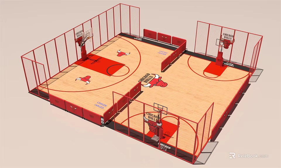Indoor Basketball Court With Multiple Hoops Wooden Floor And Training Enclosure Setup 3d model 