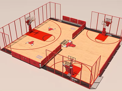 Indoor Basketball Court With Multiple Hoops Wooden Floor And Training Enclosure Setup 3d model
