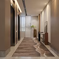 Modern Hotel Corridor With Blue Green Wave Pattern Carpet Wooden Doors And Recessed Lighting
