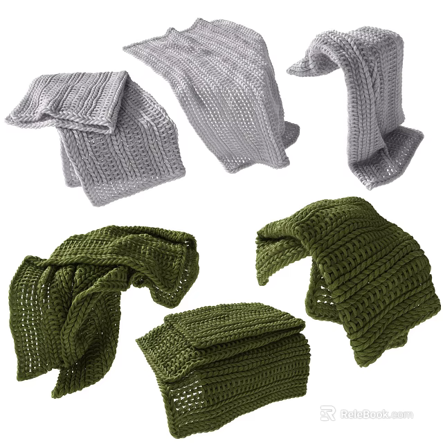 Gray And Green Knitted Scarves With Different Folded Styles And Textures 3d model 