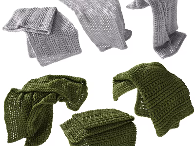 Gray And Green Knitted Scarves With Different Folded Styles And Textures 3d model