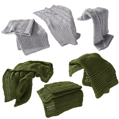 Gray And Green Knitted Scarves With Different Folded Styles And Textures 3d model