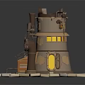 Steampunk Style Multi level Building With Metal Structure Stone Paved Base And Yellow Illuminated Windows 3d model