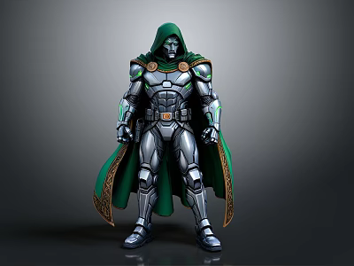 Armored Warrior Figure With Green Cloak Silver Armor And Golden Accents 3d model