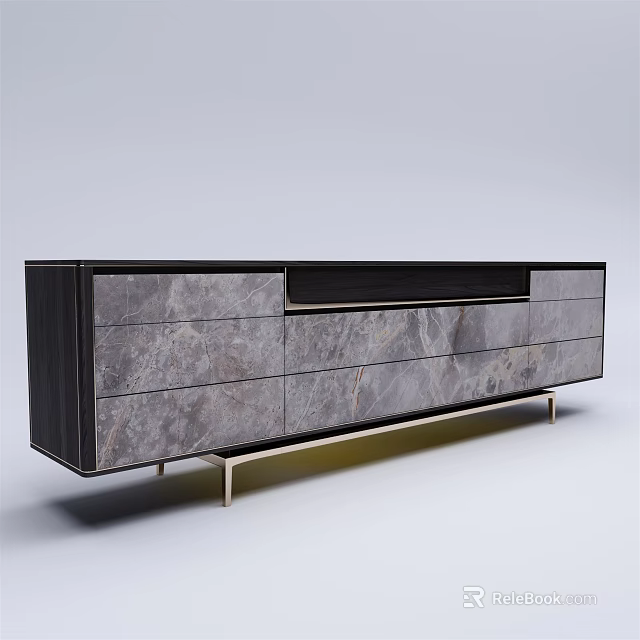 Sleek Modern TV Stand With Gray Marble Texture Storage Drawers And Metal Legs 3d model 