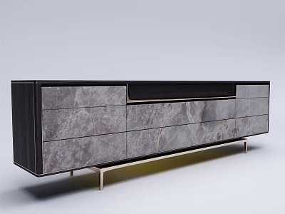 Sleek Modern TV Stand With Gray Marble Texture Storage Drawers And Metal Legs 3d model