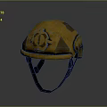 3D Rendered Military Weapon Helmet with Yellow Design Circular Emblem and Black Straps
