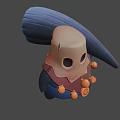 Cartoon Game Character With Beige Head Black Hollow Eyes Large Hat Blue Outfit Orange Ornaments