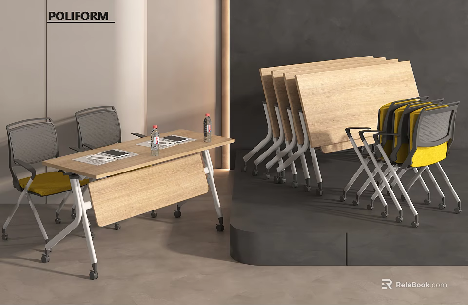 Wooden Office Desk Setup With Folding Tables Gray Chairs And Yellow Trolley 3d model 