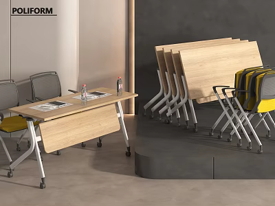 Wooden Office Desk Setup With Folding Tables Gray Chairs And Yellow Trolley 3d model