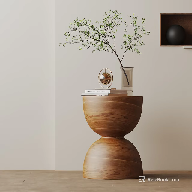 Minimalist Wooden Bowl Shaped Side Table With Books Glass Vase Green Branch And Gold Decor 3d model 