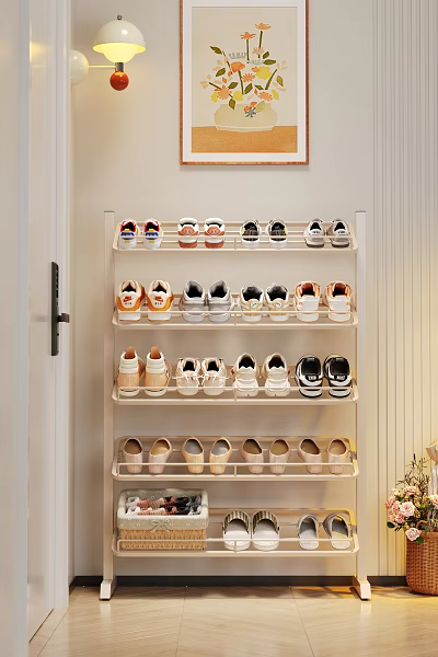 Multilayer Light Colored Shoe Rack Organizing Sneakers and Casual Shoes at Home Entrance 3d model