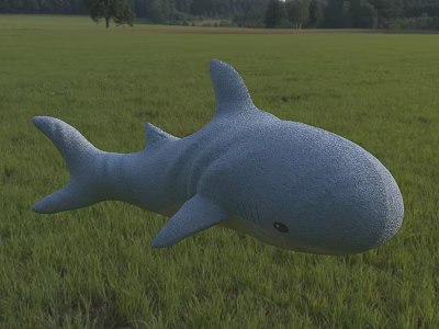 Cute Gray Plush Shark in Green Grass Field with Trees in the Distance 3d model