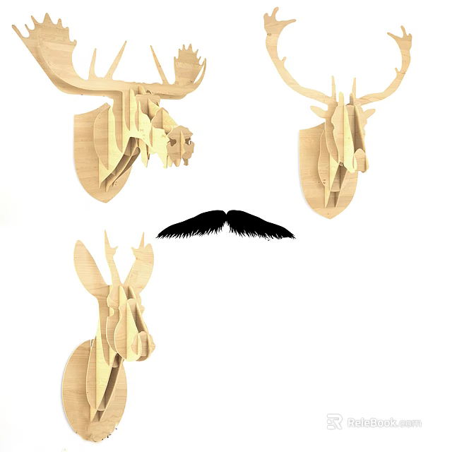 Wooden Animal Wall Decor Deer Head Designs With Black Mustache Accents 3d model 
